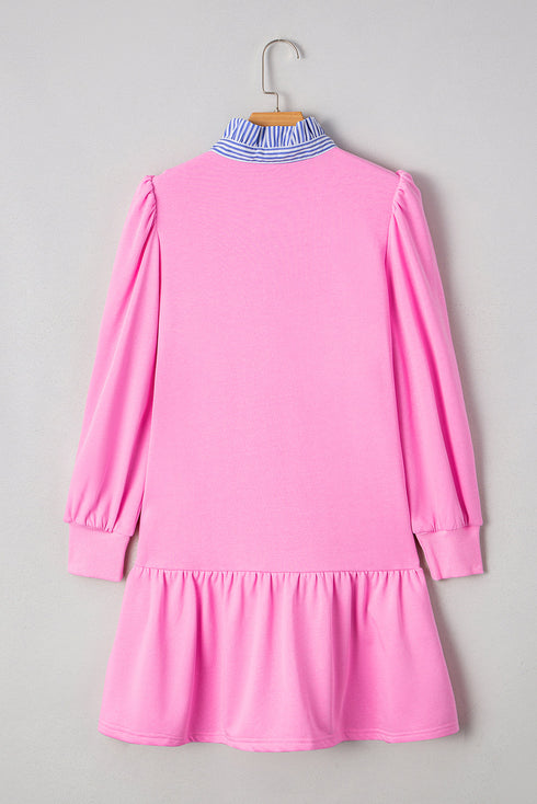 Contrast Striped Collar Patchwork Puff Sleeve Ruffle Hem Mini Dress